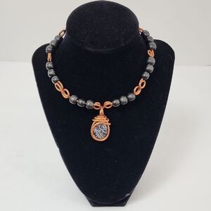 Elegant Copper and Silver Beaded Necklace Drop Stone